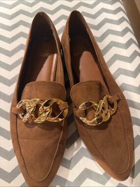 Women's Brown Suede Loafers with Gold Chain Accent